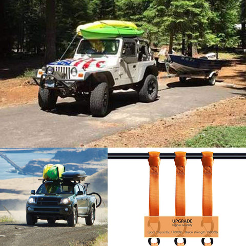 Soft Loops Tie Down Straps 4 Pack 12,000 Lbs Max Strength securing Jeep towing boat and SUV with loaded roof rack