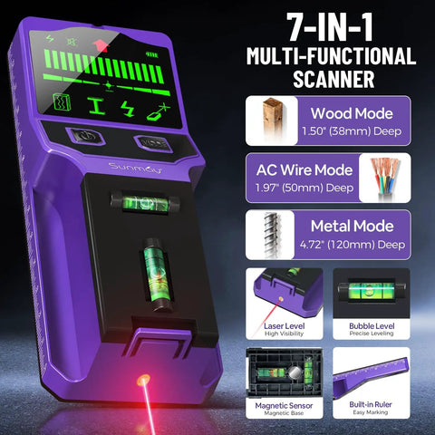 Heavy Duty 7 In 1 Wall Scanner Stud Finder With Cross Beam Laser Level And Bubble Vials For Deep Wood Metal Live Wire Detection Hella Sharp Accuracy Built Different To Supercharge Your Weekend Warrior Toolkit