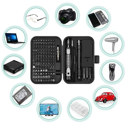 130 In 1 Magnetic Precision Screwdriver Kit With 120 Bits And 3 Extra Length Bits All In One Repair Tool Set displayed with electronics.