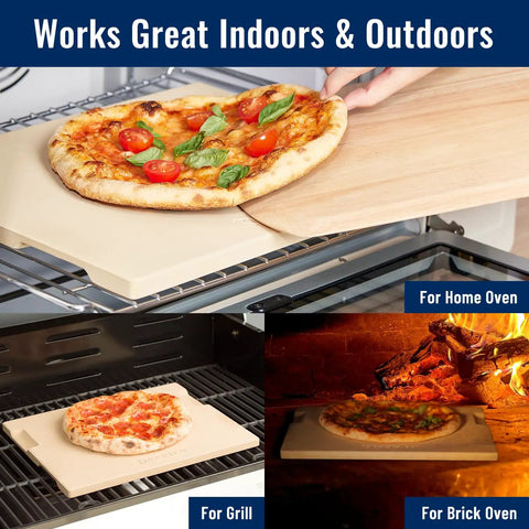 Pizza Stone For Oven And Grill 15 X 12 Inch Cordierite Baking Stone With Four Built In Handles in use indoors and outdoors