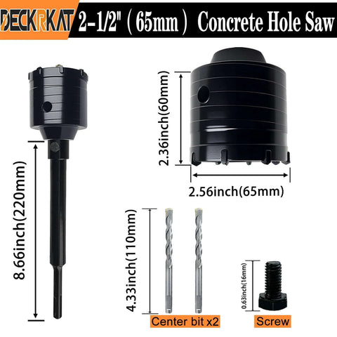 Side view of DECKRKAT 2-1/2 inch concrete hole saw kit with SDS Plus shank and center bits