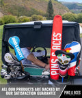Golf cart with customizable headcovers and accessories on a course, promoting Pins & Aces branding and satisfaction guarantee.