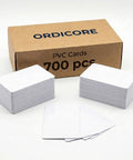 Bulk Pack Of 700 Blank CR80 PVC ID Cards 30 Mil Thick Dual Sided Badge Cards For Card Printers, displayed with a cardboard box.