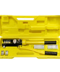 Open yellow case showing Hydraulic Crimp Tool 16 Ton With 11 Dies For Battery Cable Crimping Quick Change Die System.