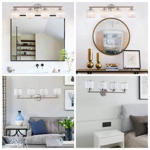 Modern Brushed Nickel Vanity Lights 32 Inch 4 Light Crystal Shade Industrial Sconce Wall Lamp For Bathroom Mirror Makeup Desk Living Room Kitchen Porch Hotel Anti Rust Finish For Humid Bathrooms