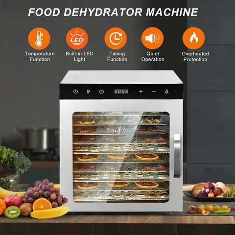 Silent Ten Tray Food Dehydrator Machine Smooth Eight Hundred Watt Electric Kitchen Appliance with LED light and digital timer.