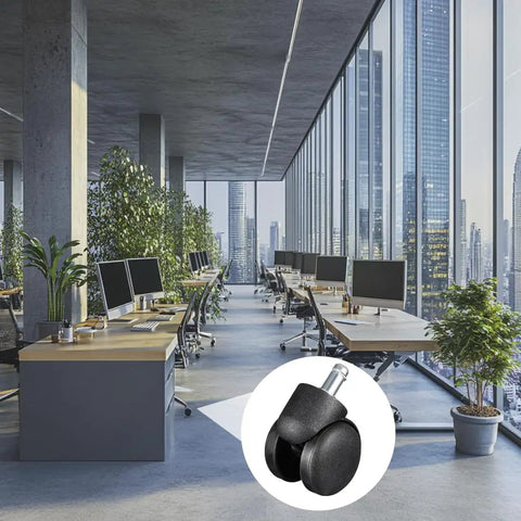 Four Piece Black Nylon Swivel Twin Wheel Stem Casters Hard As Nails Top Shelf Replacement Furniture Rolls Built Tough For Cabinets Shelves Chairs Easy Install Two Inch Diameter Smooth Glide Workhorse in modern office setting.