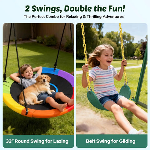Heavy Duty 440lbs Capacity Backyard Swing Set With 2 Seats, Saucer And Belt Swings, kids playing on swings in backyard
