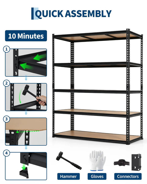 Rock Solid Five Tier Metal Storage Shelves Seven Foot Tall Garage Shelving Workhorse with quick assembly instructions and parts.