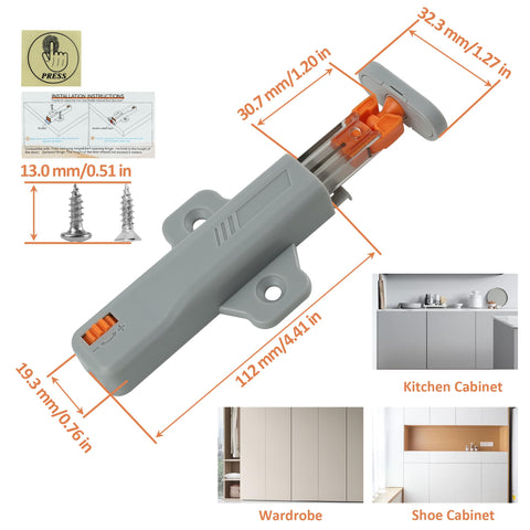 Push To Open Door Latch Kit 5 Pack Non Magnetic Heavy Duty Hidden Door Push Release for Cabinets with screws and dimensions