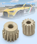 Dope Aluminum 7075 M0.6 Pinion Gear Set 15T for 1/10 RC Cars, durable pinions displayed with racing car in background