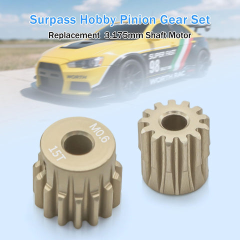 Dope Aluminum 7075 M0.6 Pinion Gear Set 15T for 1/10 RC Cars, durable pinions displayed with racing car in background