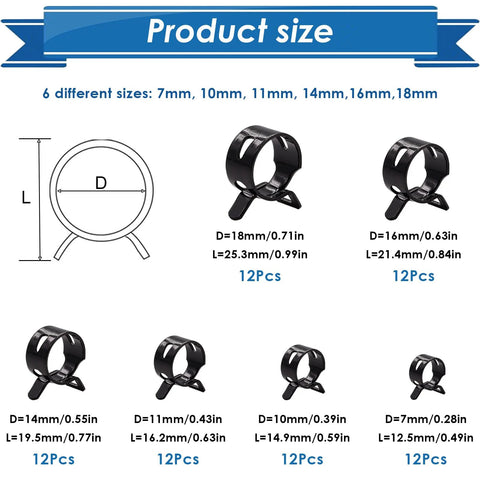 Eoppen 72-piece black automotive hose clamp set; six sizes shown (7–18 mm), 12 pcs per size.
