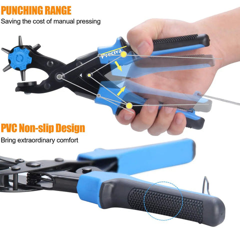 Close-up of Leather Hole Punch Plier Kit with revolving punch tool and PVC non-slip design in use for DIY crafts.