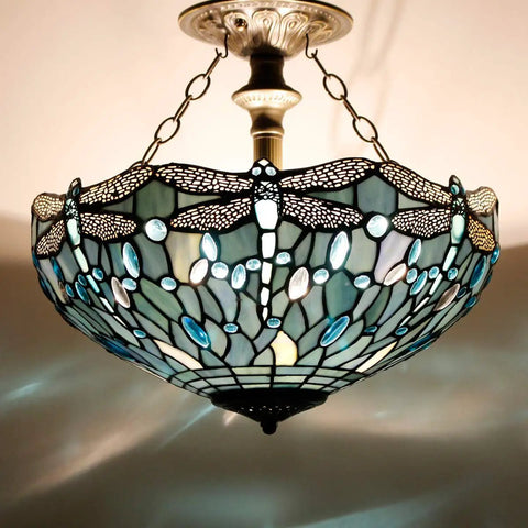 Sea Blue Tiffany Stained Glass Dragonfly Ceiling Light Fixture Lit Look Semi Flush Mount 16 Inch Wide 15 Inch High Antique Green Bronze