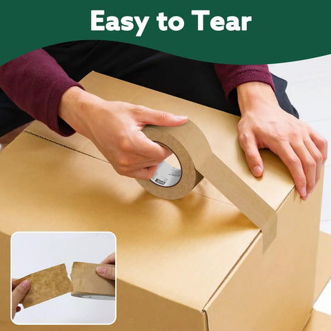 Person using 6 Rolls Brown Packing Tape Bulk Pack 2 Inch By 55 Yards Kraft Paper Shipping Tape For Cardboard Boxes Express Parcels