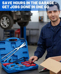 Mechanic with 10 Piece Drum Brake Tool Kit With Case And Gloves in garage; blue case with organized tools visible