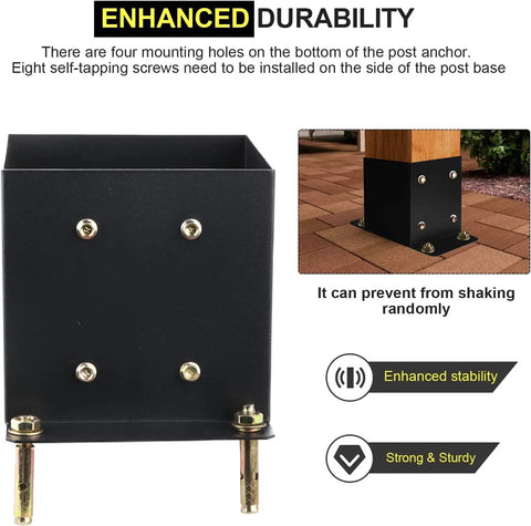 Built Tough 6x6 Post Base Brackets 5 Pack Inner 5.6x5.6 Inches Black Powder Coat 14 Gauge Steel Bolt Down Deck Post Bases For Pavilion And Railing Support On Concrete, featuring enhanced durability and four mounting holes.