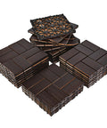 Stack of Interlocking Deck Tiles 27 Piece Set 11.8 By 11.8 Inches Espresso Pine Wood Outdoor Flooring showing top view