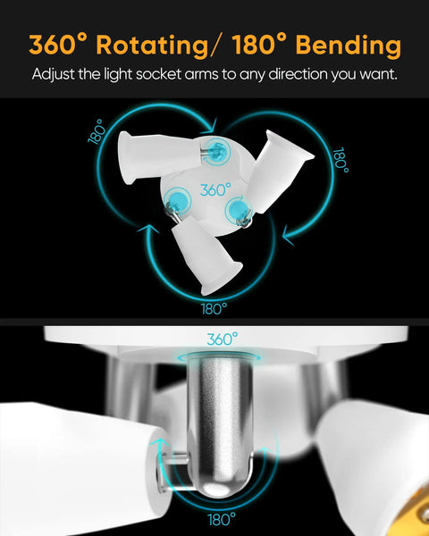 Three In One E26 Light Socket Splitter Adapter For Standard LED Bulbs, Fully Adjustable 360 Degrees And 180 Degree Bend, Supports Up To 180W Per Socket, 90 To 240V, Perfect For Incandescent And CFL Bulbs