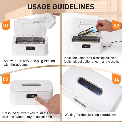 Ultrasonic Jewelry Cleaner Pro 28oz 800ml 49KHz Deep Clean usage guidelines with 5 timers LED display and stainless steel tank