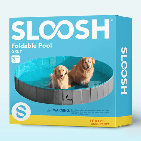 Foldable Dog Pool Portable Hard Plastic Kiddie Bath Tub For Pets And Kids Anti Slip Collapsible Indoor Outdoor Backyard Use Gray 71 Inch By 12 Inch Great For Muddy Paws, Splashy Play, Easy Setup, Drain Plug, Pet Friendly, Family Ready product packaging with dogs inside.