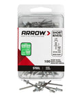 Short Steel Pop Rivets 1/8 Inch Diameter 100 Piece Set for Sheet Metal Leather Fabric in clear packaging with rivets visible.