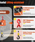 Cool 110V 1500W Portable Electric Hoist Winch Lifts Up To 1100lbs showing galvanized steel wire, manganese steel hooks, and rubber sleeve.