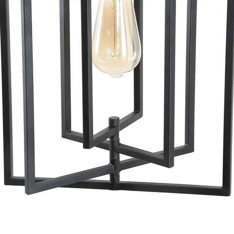 Close-up of black frame detailing on black geometric pendant lighting for kitchen island, adjustable modern farmhouse chandelier