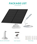 Package list showing 5W Solar Panel For Outdoor Security Cameras 5V USB Charger Compatible With Rechargeable Battery Powered Cameras IP65 Waterproof With Nine Point Eight Foot Cable And 360 Degree Adjustable Bracket, wall bracket, manual, and screws.