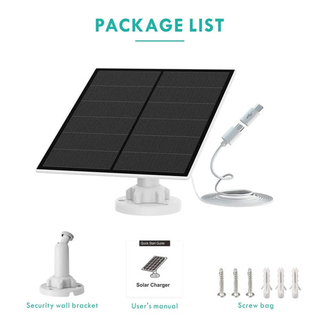 Package list showing 5W Solar Panel For Outdoor Security Cameras 5V USB Charger Compatible With Rechargeable Battery Powered Cameras IP65 Waterproof With Nine Point Eight Foot Cable And 360 Degree Adjustable Bracket, wall bracket, manual, and screws.
