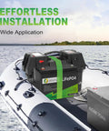 12V 100Ah LiFePO4 Battery Group 31 With 100A BMS shown on boat deck, emphasizing ideal use for trolling motors.