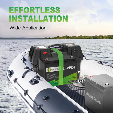 12V 100Ah LiFePO4 Battery Group 31 With 100A BMS shown on boat deck, emphasizing ideal use for trolling motors.