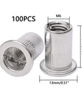 100 Piece M6 Flat Head Threaded Aluminum Rivet Nut Blind Insert Nut Set, corrosion resistant, dimensions labeled