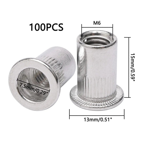 100 Piece M6 Flat Head Threaded Aluminum Rivet Nut Blind Insert Nut Set, corrosion resistant, dimensions labeled