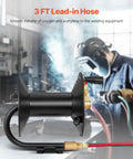 Heavy Duty Welding Hose Reel With Hand Crank Rewind Three Foot Lead In Hose And 9/16-18 BF Fittings in workshop setting