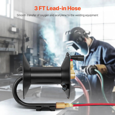 Heavy Duty Welding Hose Reel With Hand Crank Rewind Three Foot Lead In Hose And 9/16-18 BF Fittings in workshop setting