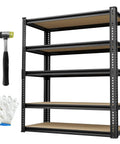 Heavy Duty 5 Tier Adjustable Garage Shelving Rack With Steel Construction And MDF Boards 2400 Lbs Capacity Ultra Sturdy Garage Storage Shelf System For Tools Parts And More, 36x16x72 in with hammer and gloves