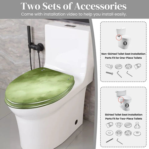 Quiet Close Elongated Toilet Seat for Bathroom in green on a white toilet, show installation accessories for both designs.