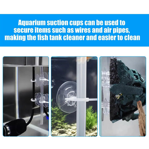 Three close-up images of 20 Pack Suction Cups With 40 Zip Ties For Aquarium Tank Decoration Moss Shrimp Nest No Fuss Easy Setup Kit