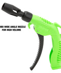 Green air blower gun with black turbo wide angle nozzle, part of Five Piece Air Blower Gun Kit With One Quarter Inch Inlet Turbo Nozzle Variable Trigger And Interchangeable 100mm 140mm 320mm Tips For Tight Spaces And High Volume Air Cleaning 160 PSI