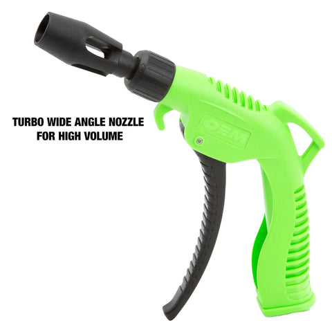 Green air blower gun with black turbo wide angle nozzle, part of Five Piece Air Blower Gun Kit With One Quarter Inch Inlet Turbo Nozzle Variable Trigger And Interchangeable 100mm 140mm 320mm Tips For Tight Spaces And High Volume Air Cleaning 160 PSI