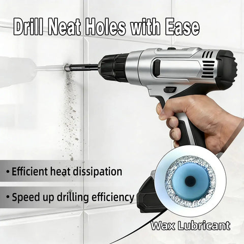 Person using Ten Pack Dry Diamond Drill Bits With 6mm Diameter Quarter Inch Shank to drill through tile with ease.