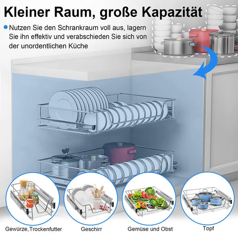 Top Shelf Heavy Duty Telescopic Drawer Slides And Smooth Operator Cabinet Pull Out Tracks For Kitchen Bedroom Storage with plates and pots.