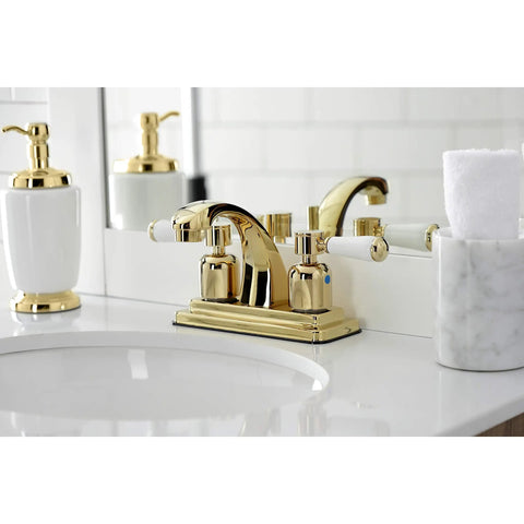 4 Inch Centerset Bathroom Faucet In Polished Brass, Durable Brass Zinc Alloy And ABS Construction, Deck Mount Three Hole Install, 1.2 GPM Flow At 60 PSI, Sleek Dope Modern Bath Upgrade on a marble countertop with accessories