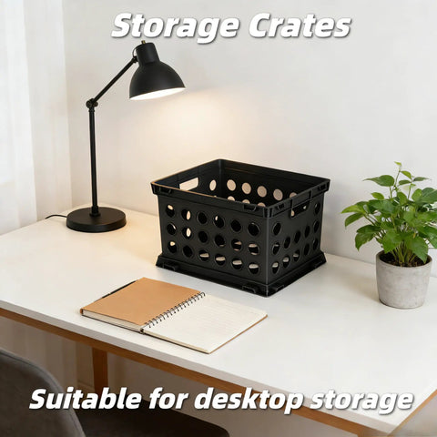 Durable Plastic File Crate With Ergonomic Handles For Letter And Legal Size Documents, Space Saving Modular Stackable Storage Bin on desk