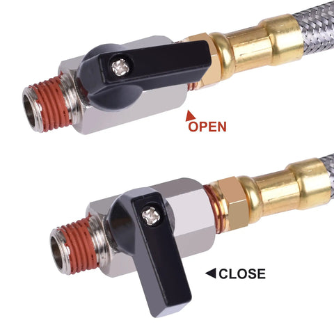 Extended Tank Drain Assembly Ten Inch Flexible Braided Steel Tube And One Quarter Inch Valve Drain Elbow Fitting For Air Compressors