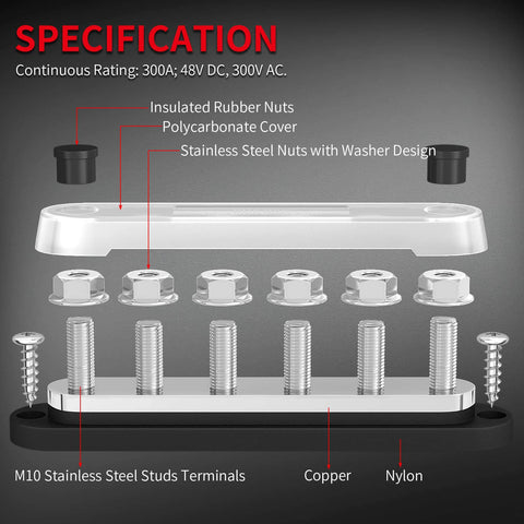 Beefy 300 Amp Bus Bar Terminal Block With Cover For Marine And Automotive Power Distribution, 12V System, Six M10 Terminal Studs