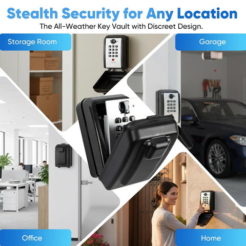 Wall Mount Key Lock Box With 12 Digit Resettable Code Weatherproof Outdoor Key Safe for home, office, garage use shown in use