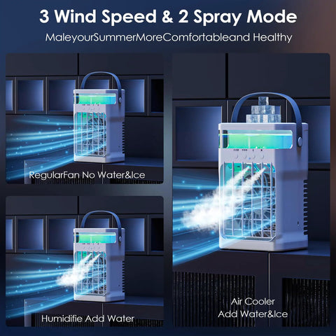 Compact Portable Personal Cooling Fan With Remote Control, Mini AC With 3 Speeds And 3 Modes, 1500ml Water Tank, Night Light, Ice Cooling Mode For Home Office Bedroom showing three modes of operation and spraying mist.